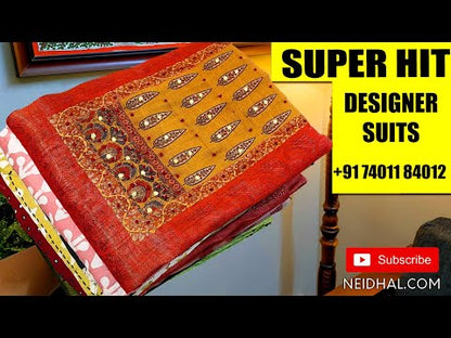 Dark teal green zigzag printed liquid fabric unstitched salwar material, mirror work on yoke(lining optional)printed liquid fabric bottom, soft fancy silk cotton dupatta with sequins work& tapings. CODE JA250917