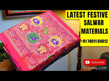 Light Grey with mehandhi yellow benarasi silk cotton unstitched salwar material, rich antique zari weaving all over (Lining Needed) mehandhi yellow silk cotton Bottom, Benarasi Zari Woven Dual Shaded Dupatta. JA260214