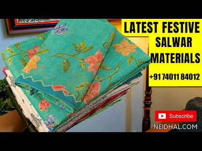 Black fancy silk cotton unstitched salwar material(thin, lining needed),printed tissue fabric and bead work on yoke, zari woven buttas on front, brick red cotton bottom, printed tissue silk cotton dupatta. OC250905