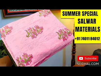 Pastel pink hand block printed pure cotton unstitched salwar material, rich embroidery work on front(lining needed)drum dyed cotton fabric provided for lining , NO BOTTOM,, hand block printed pure chiffon dupatta with lace taping. AP262104