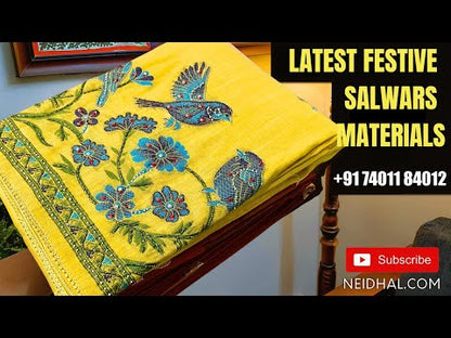 Mehandhi green handloom cotton unstitched salwar material (Lining optional)embroidery yoke, applique work and thread weaving all over, matching cotton bottom, applique work on handloom cotton dupatta with thread woven borders (TAPPING REQUIRED). FB261002