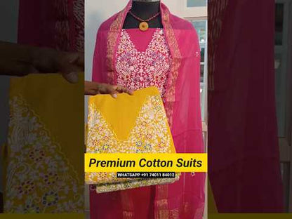 Pastel green premium cotton unstitched salwar material, heavy embroidered on yoke(lining needed)matching lining provided, NO BOTTOM, embroidered mul chanderi dupatta with zari line borders. CODE MY251902