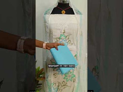 White pure jakard cotton unstitched salwar material, v neck with lace work, brush paint with real mirror work on front, lace work on daman(lining needed)yellow cotton bottom, jakard chiffon dupatta with brush paint work. CODE JL250105