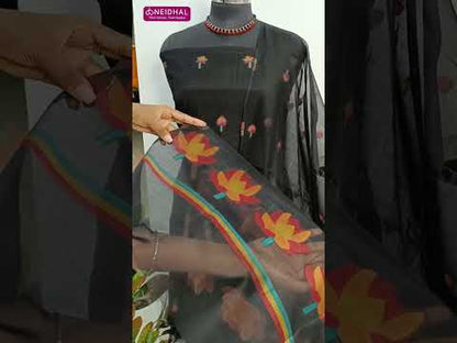 Black jamdani woven premium chanderi silk cotton unstitched salwar material(thin, lining needed)teal blue silk cotton bottom, jamdani woven chanderi silk cotton full length dupatta. CODE SP250102