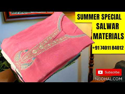 Off white base mul chanderi unstitched salwar material , rich weaving on daman,(thin, lining needed)pink santoon bottom, digital printed and zari buttas on soft silk cotton dupatta with pallu. MY263113