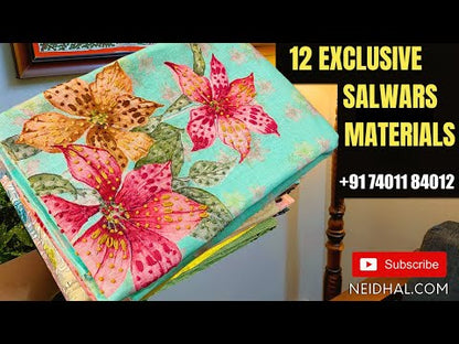 Onion pink premium satin cotton unstitched salwar material, rich hand embroidered on yoke& front(lining optional)blue cotton bottom, digital ajrak printed pure modal cotton short width dupatta. CODE JN252405