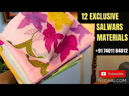 CODE MY252909 : Half white block printed schiffli embroidered pure cotton unstitched salwar material, embroidered on yoke(lining needed)mossy green cotton bottom, block printed pure mul cotton dupatta with embroidery& scallop edges.