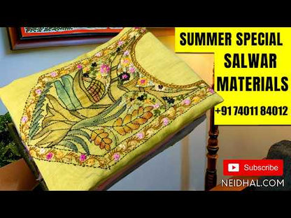 Dark blue silk cotton unstitched salwar material,buttas all over,thread and zari weaving daman, (lining needed)silk cotton bottom,zari buttas on  silk cotton dupatta with zari weaving pallu. JL262413