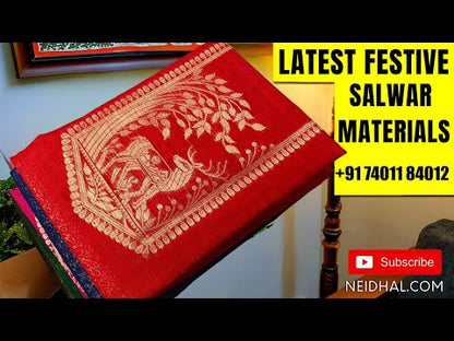 Dark teal Blue semi tussar unstitched salwar material (lining needed) digital warli printed allover, matching cotton bottom, digital warli printed semi tussar dupatta. DC251211