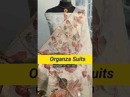Half white designer digital printed premium organza unstitched salwar material, thread work on daman(thin, lining needed)matching santoon bottom, digital printed pure organza dupatta with hand work. CODE AG250901