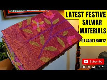 Bright Pink with golden tint designer jamdani woven pure tissue linen unstitched salwar material(thin, lining needed), NO BOTTOM, jamdani woven pure tissue linen dupatta with tissue borders& tassels. OC252015