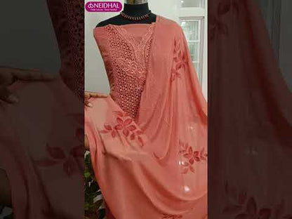Pastel pink crinkled jimmy choo with silver tint unstitched salwar material, lace work on yoke, rich cut work on panel pattern(thin, lining needed)matching silky bottom, brush painted chiffon dupatta with lace tapings. CODE AG251611