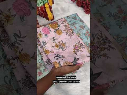 Pale green floral printed fancy kota silk cotton unstitched salwar material, fancy buttons on yoke(thin, lining needed)matching silky bottom, fancy kota silk cotton dupatta with gold tissue borders. CODE JL250410