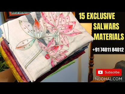 Lavender sober printed soft silk cotton unstitched salwar material, bead work on yoke(lining needed)matching silky bottom, digital printed silk cotton dupatta with zari buttas& borders. CODE AG250801