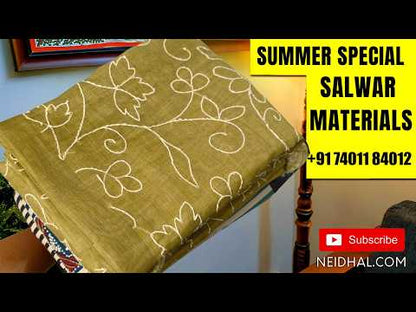 Designer half white base mul chanderi unstitched salwar material (Lining Needed)stitch detailing & thread embroidery work on yoke,matching santoon bottom, brush paint work on mul chanderi dupatta with gold tissue pallu. JN262303