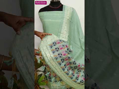 Pastel blue jamdani woven premium silk cotton unstitched salwar material(thin, lining needed)matching santoon bottom, jamdani woven premium silk cotton dupatta. CODE SP250217