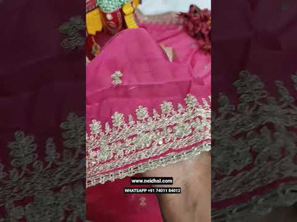 Pink floral printed pure organza unstitched salwar material, v neck, zari& sequins work on yoke& front(thin, lining needed)matching santoon bottom, pure organza short width dupatta with sequins work. CODE JL251918
