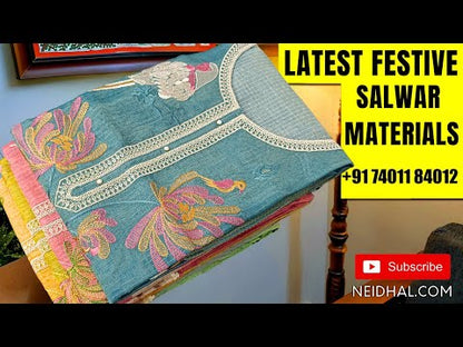 Blue & golden tint tissue silk cotton unstitched salwar material(lining needed) floral print, real mirror work on yoke, matching silky bottom, floral printed tissue linen dupatta. DC250223