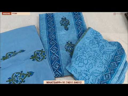 Blue premium satin cotton unstitched salwar material(textured,lining optional)ajrak patch work with real mirror & sequins on yoke,printed all over,printed cotton bottom, digital printed mixed cotton dupatta with ajrak borders. JL260105
