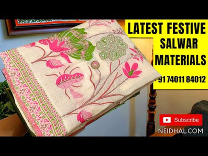 Blue digital floral printed silk cotton unstitched salwar material,(silky, lining needed) zari buttas on front, fancy tapings on daman, matching silky bottom, pichwai printed silk cotton full length dupatta. OC251104