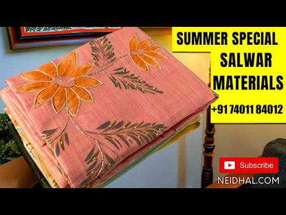 Golden Beige designer premium tissue silk cotton unstitched salwar material, rich bead work on front (Textured, Lining Needed) Matching santoon bottom, benarasi zari woven tissue silk cotton dupatta with bead work. AG262803
