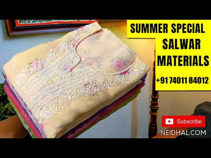 Pastel yellow floral printed pure linen unstitched salwar material,round notch neck with bead &sequins work on yoke(textured, lining needed)cotton fabric provided for lining, NO BOTTOM,digital printed pure linen dupatta. AP261901