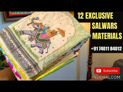 Blue floral printed satin cotton unstitched salwar material, real mirror work on yoke, kota lace on daman(lining optional)matching spun cotton bottom, embroidered fancy chiffon dupatta with printed tapings. CODE FB252312