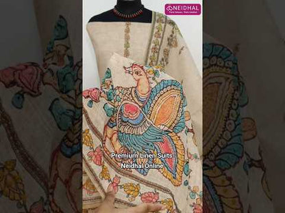 Beige designer premium linen unstitched salwar material, yellow kalamkari printed with rich thread work on front(thin, lining needed)matching santoon bottom, kalamkari printed short width dupatta with hand embroidey. CODE SP251010