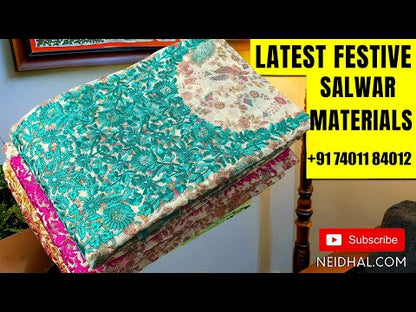 Printed mehandhi Yellow pure soft cotton unstitched salwar material (lining optional)printed allover, dark green cotton bottom, dual shade block printed fancy chiffon dupatta. JA262705