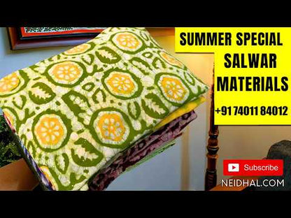 Dark blue silk cotton unstitched salwar material, floral buttas on front,thread weaving design on yoke and daman, (Silky, Lining Needed) silky bottom,buttas on silk cotton dupatta with rich thread weaving on pallu and borders. AP261312