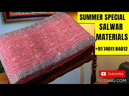 Pastel pink jakard linen unstitched salwar material,printed yoke with sequins work, printed and self woven buttas all over,  (Lining Needed)santoon bottom, digital printed premium semi linen dupatta with silver tissue borders. OC261401
