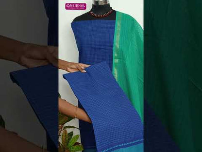 Ink blue south handloom cotton unstitched salwar material(lining needed)turquoise green handloom cotton bottom, self checkered handloom cotton dupatta with zari borders. CODE AG252906