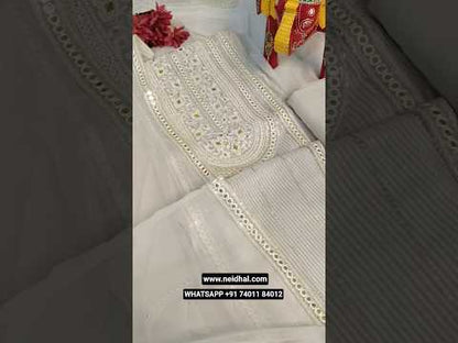 Light beige designer tissue organza unstitched salwar material, heavy work on yoke& front(thin, lining needed)matching spun cotton bottom, pure chiffon dupatta with fancy lace tapings. CODE AG250301