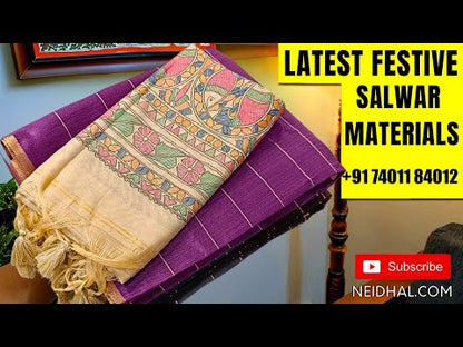 Deep Wine Purple fancy art silk unstitched salwar material (textured, lining needed) zari lines all over, beige silky bottom, digital printed fancy silk cotton dupatta. JA261703