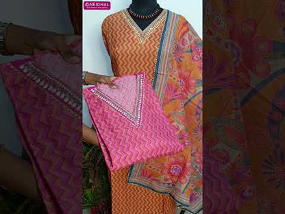Pink designer zigzag printed premium russian silk unstitched salwar material, v neck with zardozi& bead work(lining needed)matching santoon bottom, printed russian silk dupatta with lace tapings.. CODE AG252202