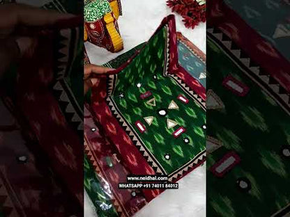 Brown ikat woven pure cotton unstitched salwar material, real mirror work on yoke(lining optional)teal blue spun cotton bottom, hand block printed fancy silk cotton dupatta with gold tissue pallu. CODE JL251408