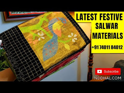 Pale green designer muslin jamdani unstitched salwar material, hand woven design& zari checks all over(thin, lining needed)NO BOTTOM, maslin jamdani full length dupatta with zari checks& rich paithani weaning pallu. CODE SP252205