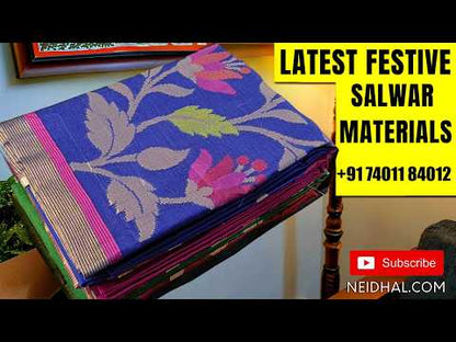 Maroon shade premium silk cotton unstitched salwar material ( soft,lining needed) rich thread zari weaving daman, matching silk cotton bottom,silk cotton dupatta with tissue and weaving pallu. FB262604