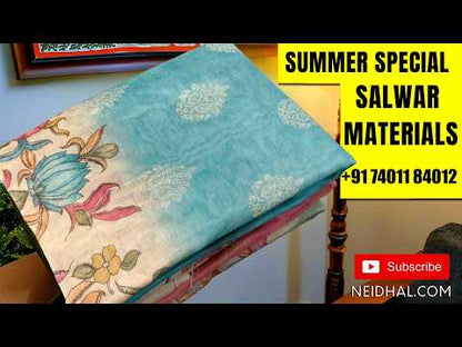 Bright pink schiffli embroidered block printed cotton unstitched salwar material(lining needed)block prints,cut work & self embroidery work on front, cotton bottom,block printed & schiffli embroidered mul cotton dupatta with scallop borders. JN263010