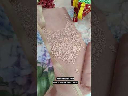 Brownish mauve designer pure kota unstitched salwar material, hand embroidered on yoke(thin, lining needed)matching santoon bottom, digital printed premium kota silk cotton dupatta with tissue borders. CODE JL252312