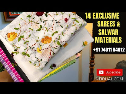 Silver grey designer premium tissue organza unstitched salwar material, rich work on yoke, zari buttas on front(thin, lining needed)matching santoon bottom, sober printed crinkled tissue silk cotton full length dupatta with zari borders. CODE MR252403