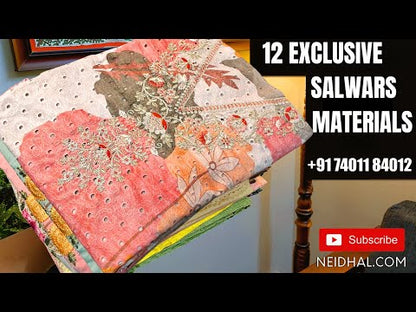 CODE FB108 :  Light yellow slub cotton unstitched salwar material, embroidered yoke, block printed on front(lining needed)dark turquoise green cotton bottom, bandhini printed fancy crinkled dupatta with lace tapings.