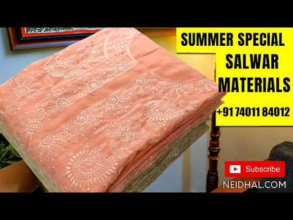 Dark blue premium silk cotton unstitched salwar material, buttas on front,antic gold and silver zari on yoke,(lining needed)silky bottom,buttas on full length silk cotton dupatta with rich pallu. OC262216