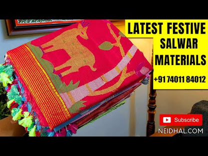 Pastel green digital printed jakard silk cotton unstitched salwar material (Textured, Lining Needed) Daman with bead and zardosi work, Matching Santoon Bottom, Printed full length dupatta. OC250217