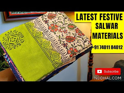 Dark Blue & Beige premium chanderi silk cotton unstitched salwar material (lining needed) original hand block printed allover, block printed beige santoon bottom, dual shaded block printed chiffon dupatta.DC250604 (TAPING NEEDED)