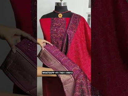 Dark pink premium modal cotton unstitched salwar material, printed yoke with mirror& sequins work(soft, lining needed)matching spun cotton bottom, printed modal cotton short width dupatta. Code AP251410