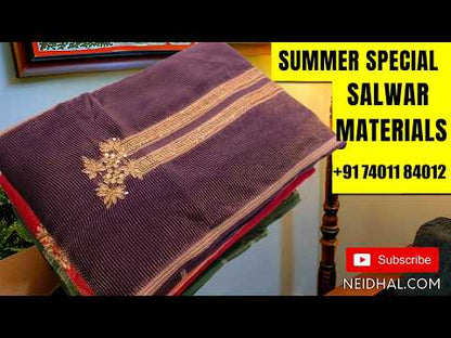 Maroon printed silk cotton unstitched salwar material,contrast borders with zari weaving (lining needed)dark blue cotton bottom,dual shaded printed full length silk cotton dupatta with zari woven borders. SP262617