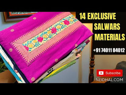 Denim blue jamdani woven silk cotton unstitched salwar material(thin, lining needed)matching silk cotton bottom, jamdani woven silk cotton full length dupatta with tassels. CODE AG251804