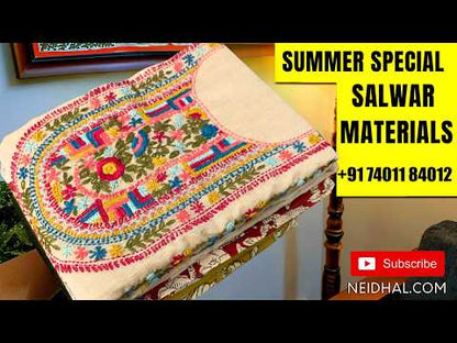 Light beige premium slub cotton unstitched salwar material,applique work and thread embroidery on yoke, self woven design all over,( soft,lining needed)maroon cotton bottom, block printed mul cotton dupatta(TAPPING NEEDED). JN261607