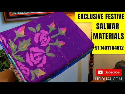 Half White Muslin jamdani handwoven unstitched salwar material, Floral weaving on yoke (Thin, Lining Needed) NO BOTTOM, Full length jamdani woven dupatta with gold tissue pallue and handmade tassels. SP251605